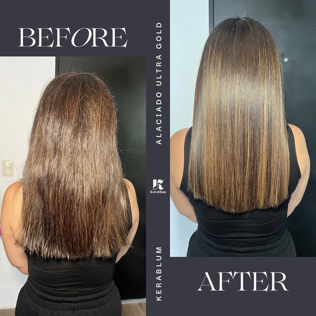 Cabello castaño con mechas. Antes del tratamiento, visto de espaldas.