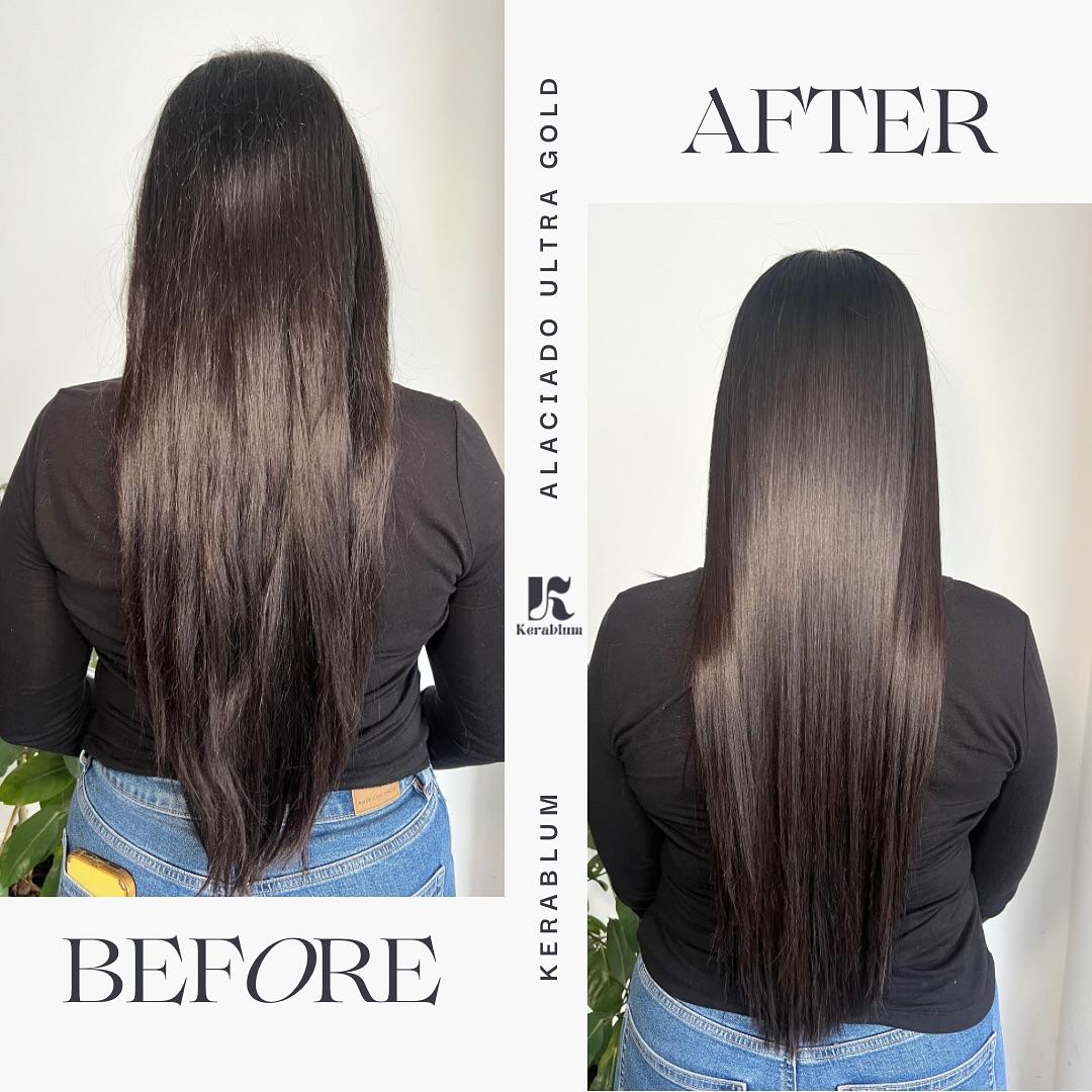 Cabello oscuro y largo. Antes del tratamiento, visto de espaldas.