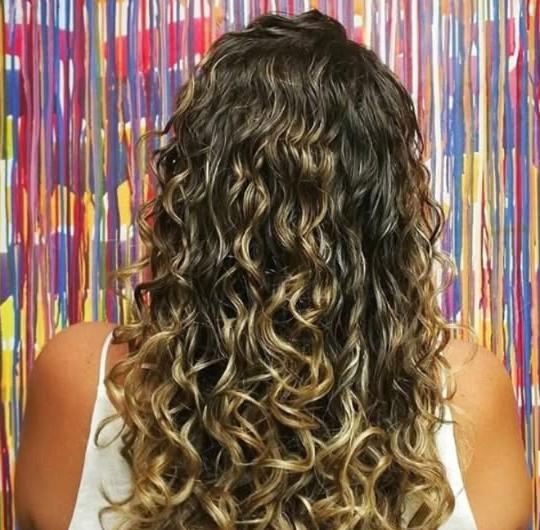 Rizos definidos con mechas claras, vistos de espaldas
