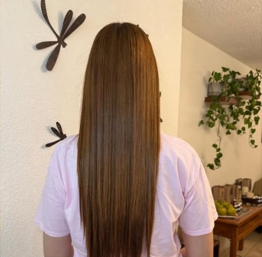Cabello castaño y liso, visto de espaldas